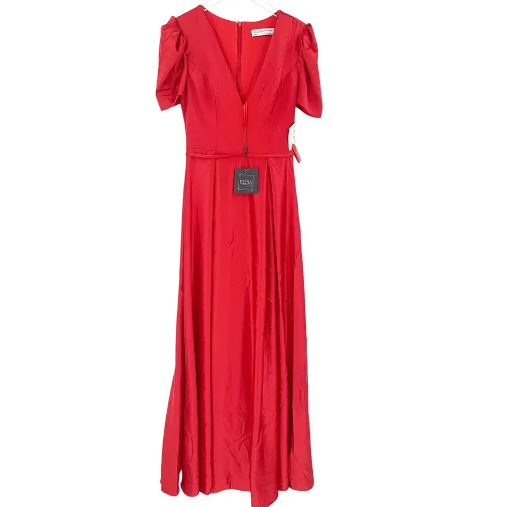 MAC DUGGAL Dress Size 4 Evening Gown Red NEW Puff Sleeve V-Neck Satin - Picture 4 of 7